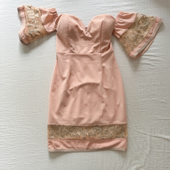 Soieblu Pale Pink Off the Shoulder Mini Dress with Embroidered Bell Sleeves - Picture 1 of 4